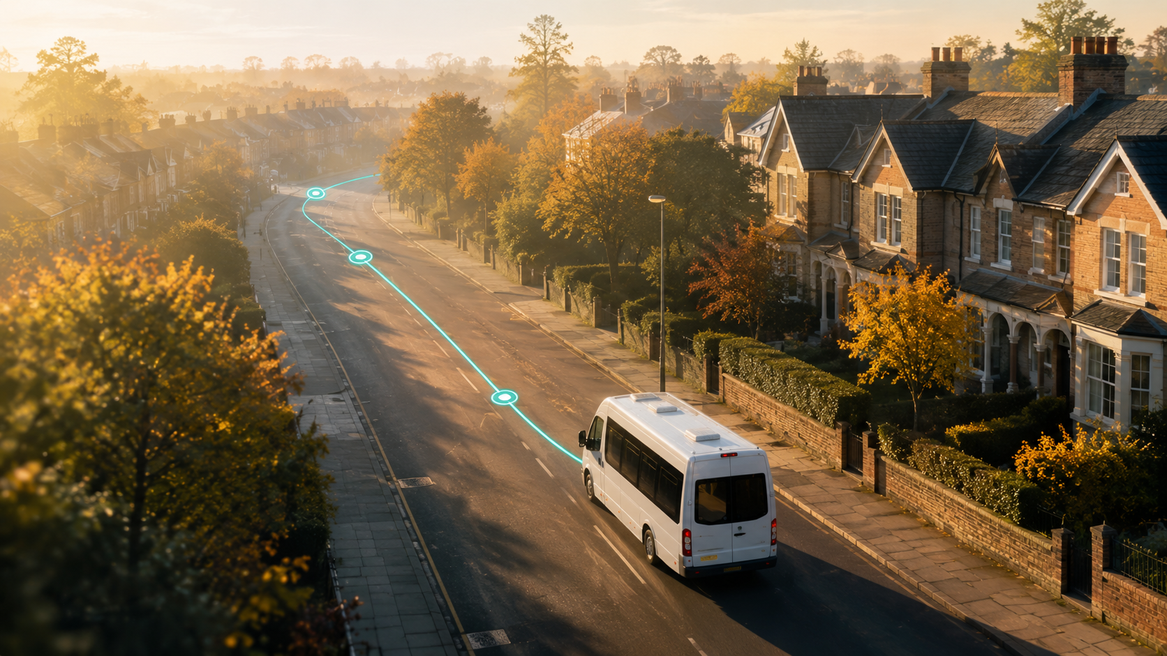 An optimised PupilRoute run drawn along a residential street at sunrise, with a minibus following the path.