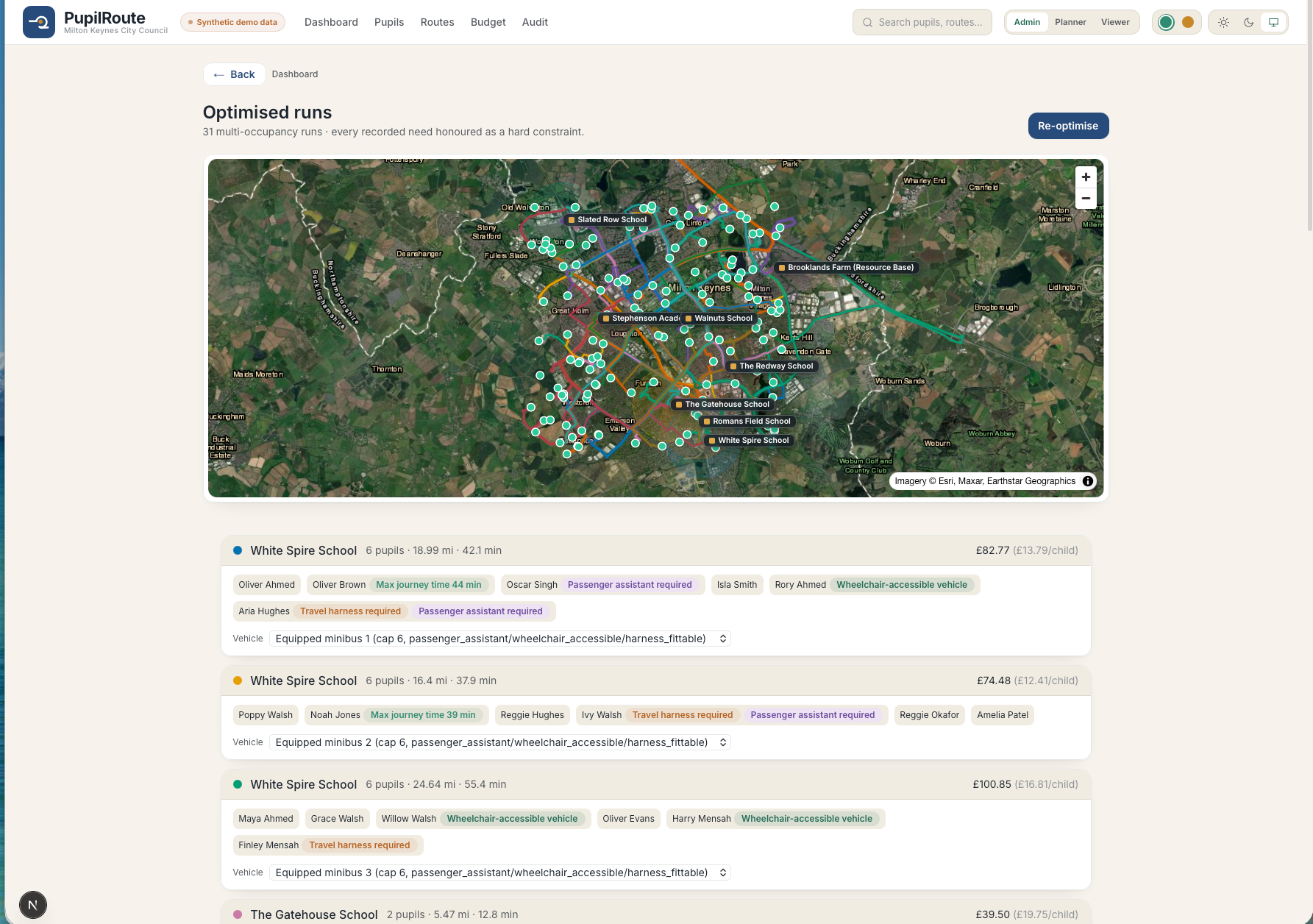 Optimised runs: a satellite route map above route cards with need tags and assigned vehicles.